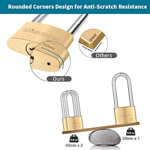 Solid Brass Keyed Padlock, 2 Inch (50mm) Wide Body, 3.2 Inch Long Shackle Outdoor Waterproof Lock with Keys for Shed, Gate, School Gym Locker, Fence, Hasp Storage (2 Pack)