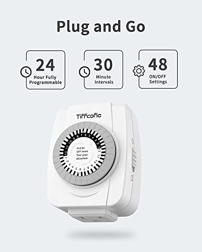 Tiffcofio Mechanical Outlet Timer 1 Pack - 3-Prong 24-Hour Programmable Light Timer