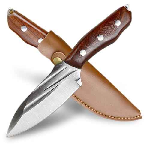 Pocket Fixed Blade Knife with Wood Handle and Leather Sheath for Camping, Outdoor Hunting,Tactical, Survival and EDC