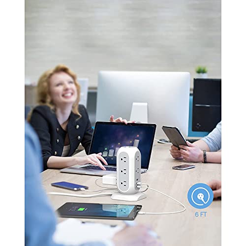 TESSAN 6 Ft White Tower Power Strip with Surge Protection, Flat Plug, 14 Outlets & USB