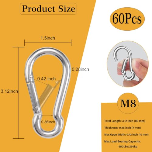 V-chen Silver Heavy Duty 3.12 Inch Carabiner Clips 60PCS M8 Spring Snap Hooks