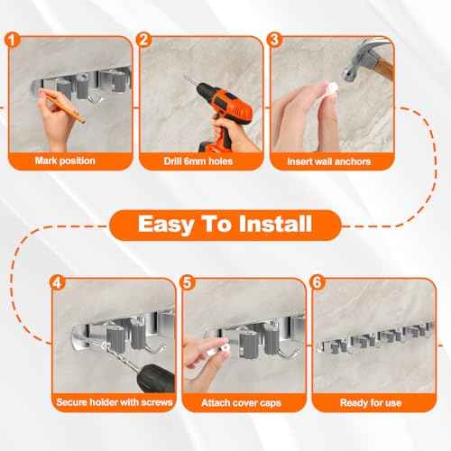 Broom Holder Wall Mount, Mop and Broom Organizer Broom Hanger Storage Tool Utility Racks Stainless Steel Wall Hooks Solid Mop Rack for Home Kitchen Garden Laundry Garage (5 Racks 4 Hooks)