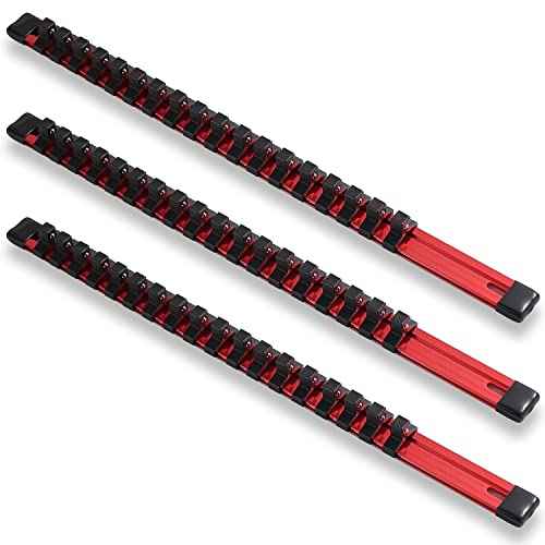 ALOANES 3 PC 3/8-Inch Drive Aluminum Alloy Socket Organizer, Heavy Duty Socket Racks, Socket Holder Kit 3/8-Inch x 54 Clips (Red)