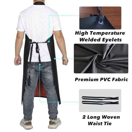 Waterproof Rubber Vinyl Apron -42.5" x 33.8" Plus Size Double Reinforced Chemical Resistant PVC Black Bib Apron