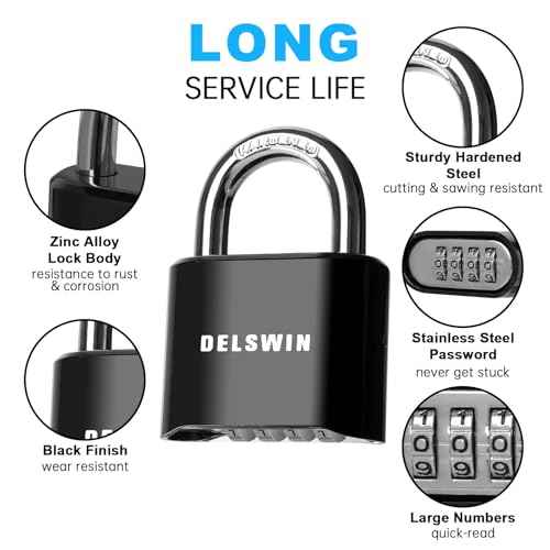 DELSWIN 4-Digit Combination Lock Outdoor Padlock - Heavy Duty Locker Lock with Hardened Steel Shackle, Waterproof Combo Lock for Gym Locker, Hasp Storage, Shed, Fence, Gate (Black,1Pcs)