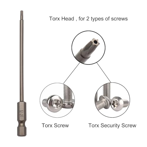 11Pcs Security Torx Bit Set Tamper Proof Torx Bits Magnetic Star Screwdriver Bits Set S2 Steel 1/4 Hex Shank Torque Security Bits T6-T40, 4 Inch Length for Deeper Work