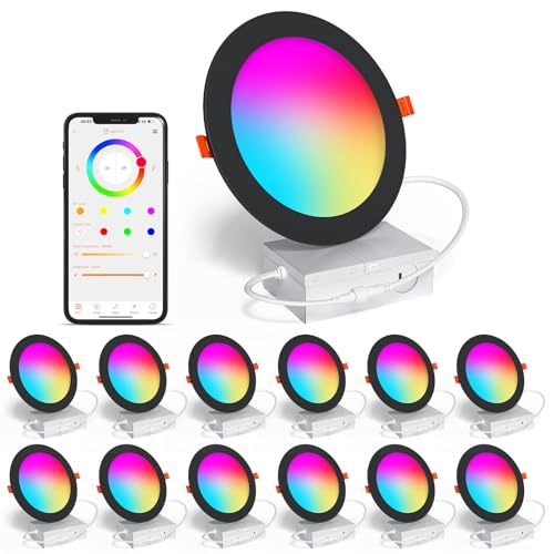 SikSog Black 12-Pack 6-Inch RGB+CCT Recessed LED Downlights, Smart Alexa Compatible