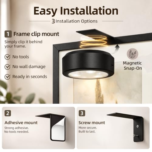 EZVALO Black Rechargeable Picture Lights 3 Pack with Remote & RGB for Wall Art