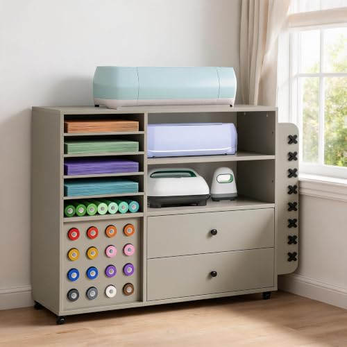 SunnyFurn 42'' Grey Cart for Cricut - Large Craft Table Workstation with 2 Drawers