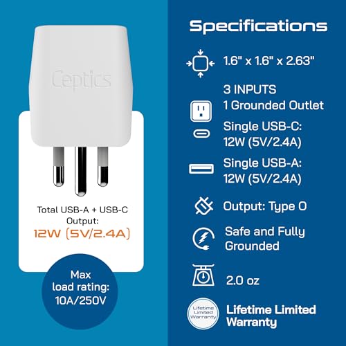 Ceptics Thailand Travel Plug Adapter Gray White with USB-C & USB-A - Compact 3-in-1 Power Converter