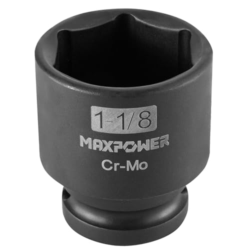 MAXPOWER 1/2 Inch Drive 1-1/8 Inch Standard Impact Socket, Made with Heat-Treated Chrome Molybdenum Steel, 6-Point Design, SAE
