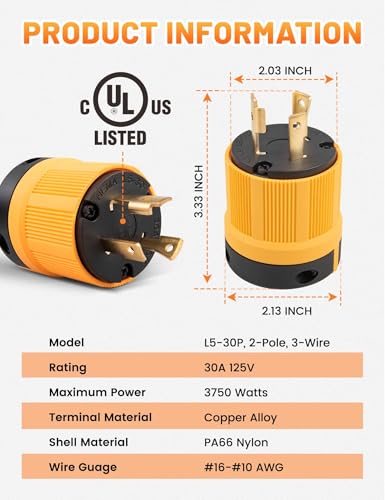 MECMO L5-30P Locking Plug 30 Amp 125V Generator Marine RV Power Connector