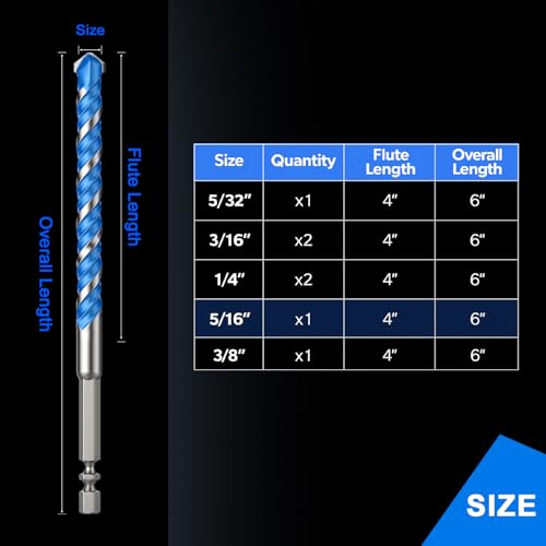 Carbide Masonry Drill Bit Set (7-Piece, 5/32"-3/8"), Hex Shank Concrete Drill Bits for Brick, Tile, Cement, Plastic