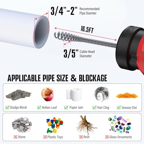 POPULO 17Ft Auto Feed Toilet Drain Snake Auger with Extension Tube - Deep Red