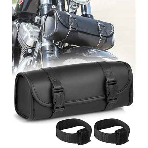 Nomad Motorcycle Tool Bag?Universal Handlebar Leather Pouch?Waterproof Cruiser Biker Roll Bag Front Fork or Saddlebag Storage (Black)