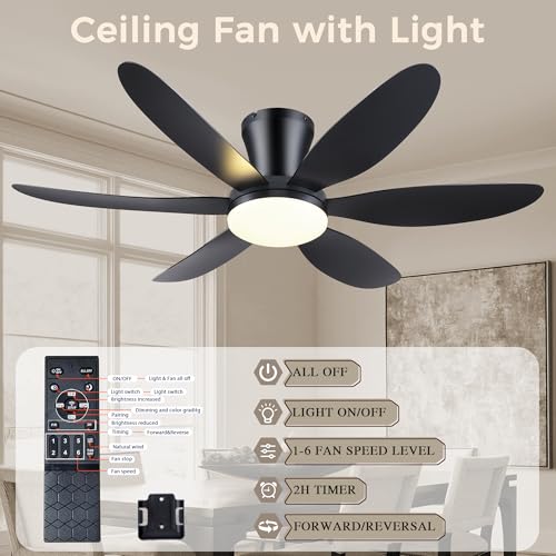 GJeg 42 Inch Black Ceiling Fan with Lights Remote Control Low Profile