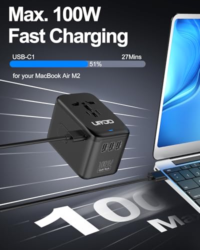 URJD 100W GaN Travel Adapter with 5 USB Ports & 2500W Outlet - Black & White