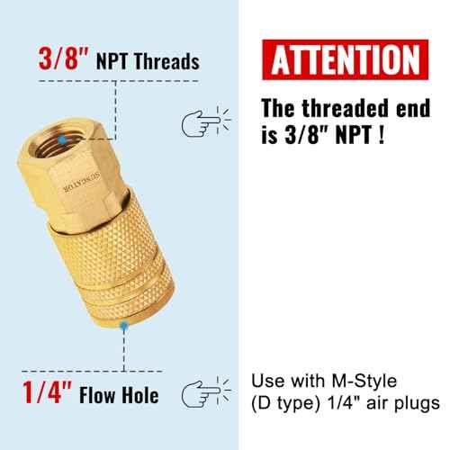 SUNGATOR 2 Pack 3/8'' Female NPT Industrial Air Hose Fitting, Brass 3/8'' FNPT to 1/4'' Flow Hole Air Couplers, M-Style Pneumatic Air Fittings, 3/8 Inch Quick Connect Air Couplers