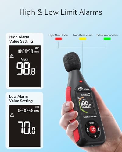 Benetech GT1355 Decibel Meter with USB Recording, 30–130 dB, Visual Alarm
