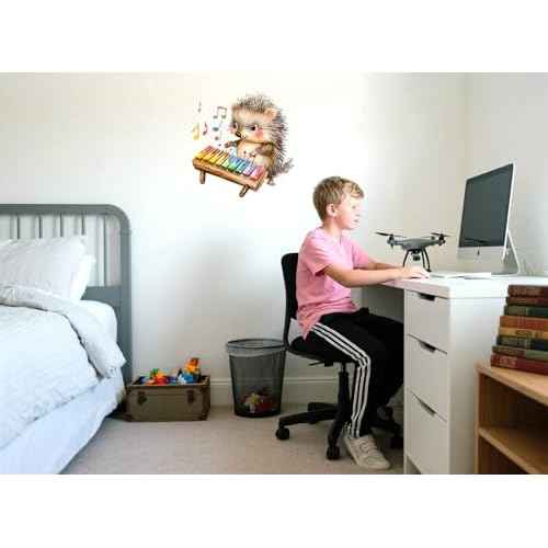 Hedgehog Play Keyboard Wall Stickers, Cute Animals Decal Music Vinyl Waterproof Peel Removable Wall Decor for Nursery Kids Baby Bedroom Playroom Classroom