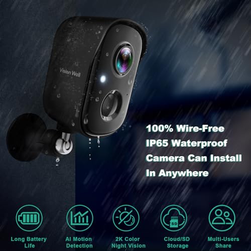 VISION WELL Wireless Outdoor Security Camera 2K with Night Vision, AI Motion Detection, Spotlight Siren, Jet Black