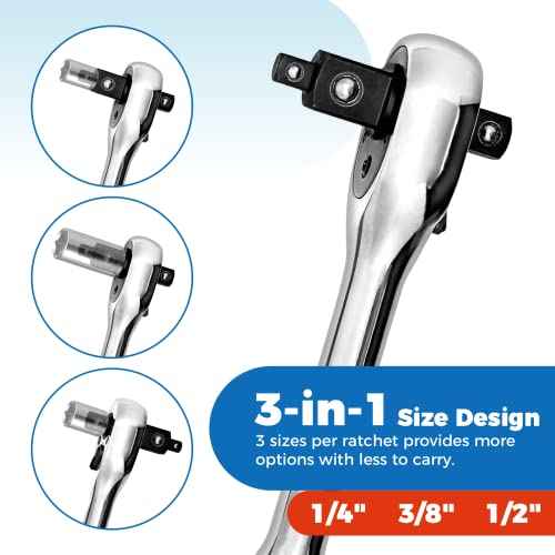 3-IN-1 Ratchet Handle, 1/4", 3/8", 1/2", Ratchet Wrench, Socket Wrench, 72-Tooth, Reversible Switch, Full-Polished Chrome Plating, Chromium Vanadium Steel