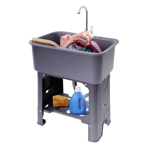 YUNLAIGOTOP Gray Freestanding Utility Sink Laundry Tub with Faucet & Washboard, 23.6 x 15.7 x 30.1 inches
