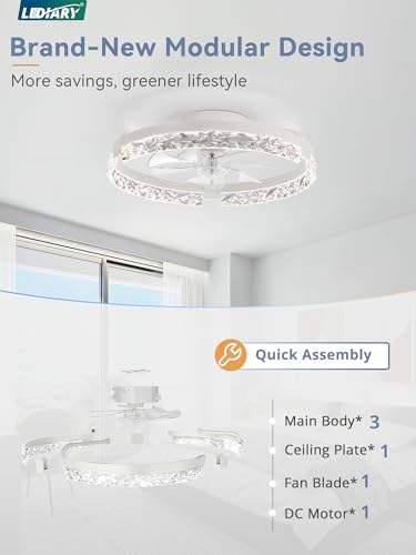 LEDIARY 20-inch White Low Profile Ceiling Fan with Light, Remote & APP Control, Reversible Motor