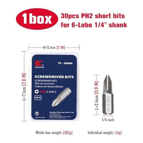ROTATION 30-Piece Phillips #2 Bit Set PH2, Impact Grade, 1/4-inch Hex Shank, Chrome Vanadium Steel