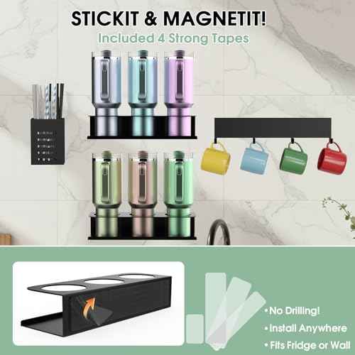 2 Pack Magnetic Stanley Cup Organizer Water Bottle Holder for Stanley 30&40 oz Tumbler with Lid Hook Straw Holder and Double Sided Tape Hold Stanley Cup Accessories for Kitchen Fridge Cabinet
