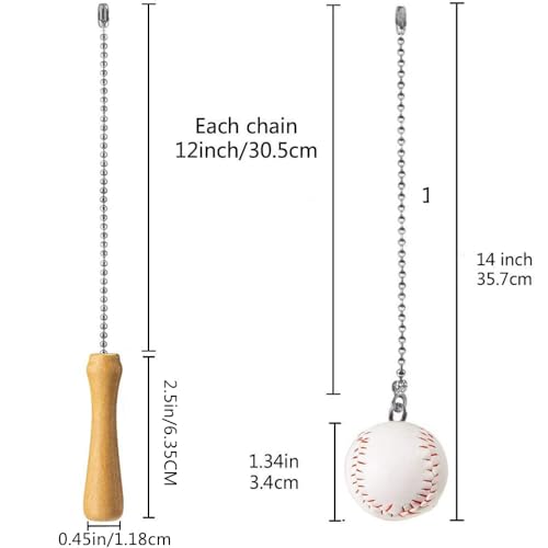 Baseball Bat Ceiling Fan Pull Chain Extender with 12" Silver Bead Chain - Kids Room Decor