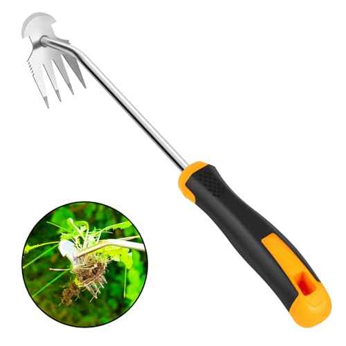 Uprooting Weeding Tool - Hand Held Weeder Puller Tool, Rubber Handle, 4 Teeth Weed Remover for Garden Farm Weeding