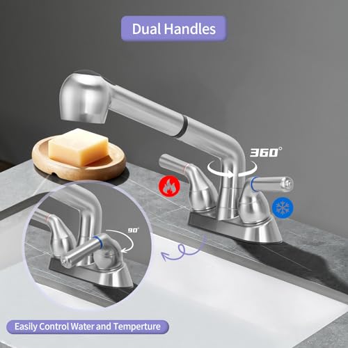 Chrome Finish Utility Sink Faucet with Pull Out Sprayer - Dual Handle, 4-Inch Centerset