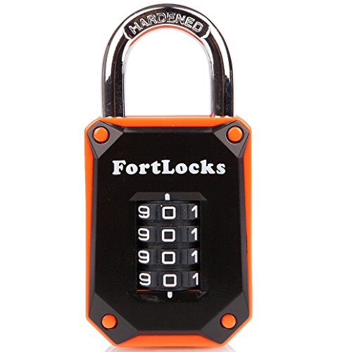 FortLocks 4-Digit Combination Padlock - Black/Orange Indoor & Outdoor Security Lock - 1 Pack