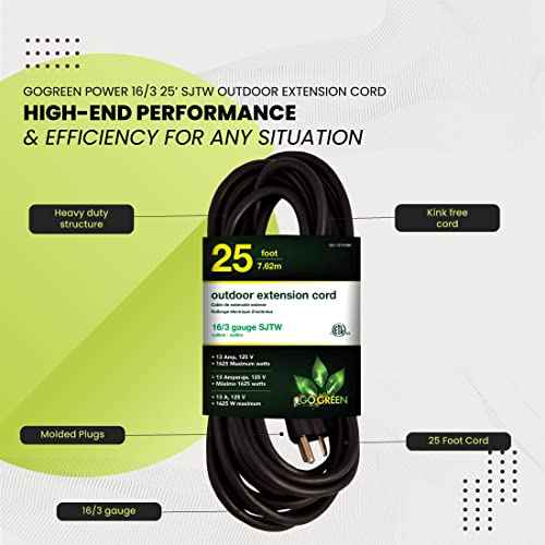 Go Green Power Inc. 16/3 25ft Black Outdoor Extension Cord - Reliable, Heavy Duty - Ideal for Outdoor Tools & Equipment - GG-13725BK