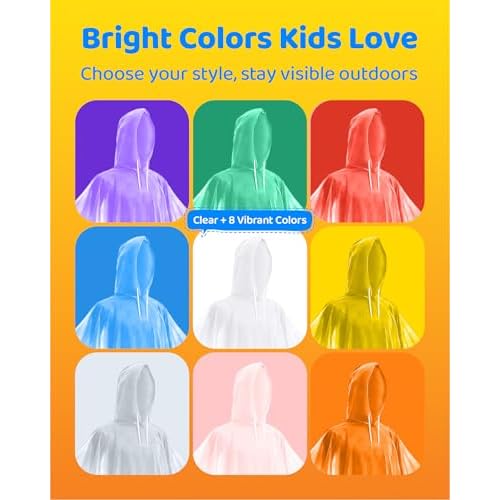 Hitituto Rain Ponchos Family Pack Kids? 6/12/24 Pack Disposable Poncho with Hood, Clear & Assorted Colors, Home Survival Kits