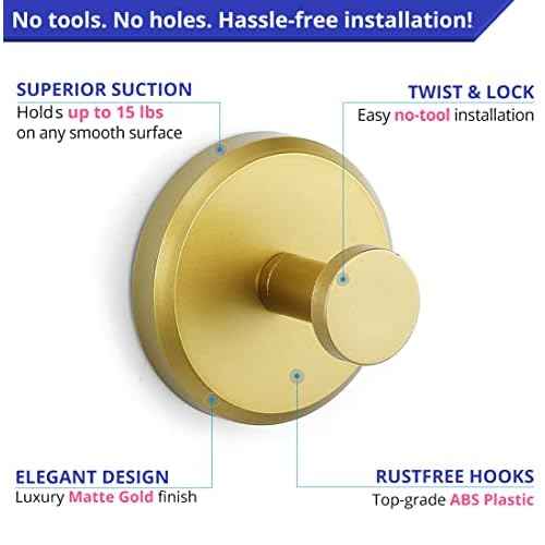HOME SO Suction Cup Hooks for Shower, Bathroom, Kitchen, Glass Door, Mirror, Tile ? Loofah, Towel, Coat, Bath Robe Hook Holder for Hanging up to 15 lbs ? Waterproof, Matte Brushed Satin Gold (2-Pack)