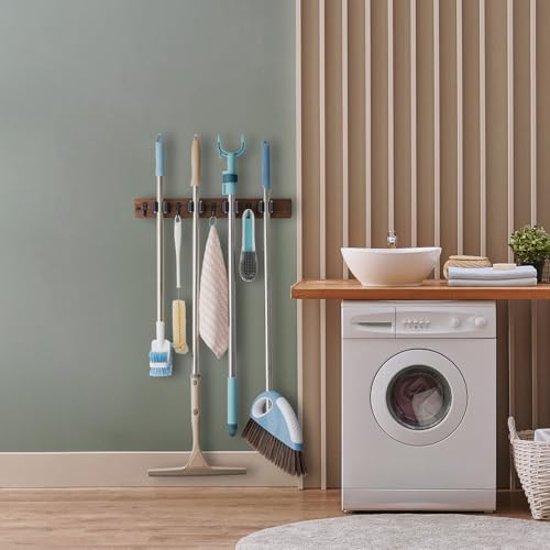 OUTNILI Rustic Wood Wall-Mounted Broom and Mop Holder with 4 Slots & Hooks - Brown / 4 Grips - 1 Pack
