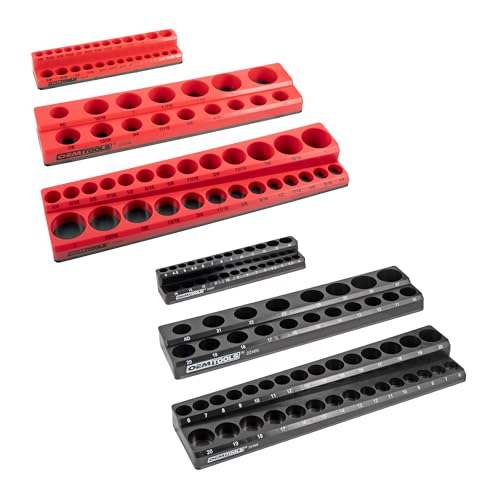 OEMTOOLS 22460 6-Pc Magnetic Socket Tray Set — SAE & Metric, 1/4 3/8 1/2 in Drives, Red & Black