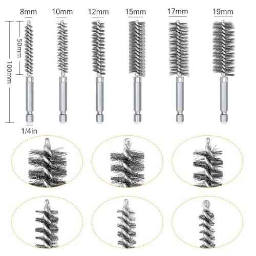6PCS Stainless Steel Bore Brush Set with 1/4" Hex Shank Twisted Drill Wire Bore Brush Set,Bristles Wire Brush for Power Drill, Different Sizes (8, 10, 12, 15, 17, 19mm) for Rust and Tube Cleaning