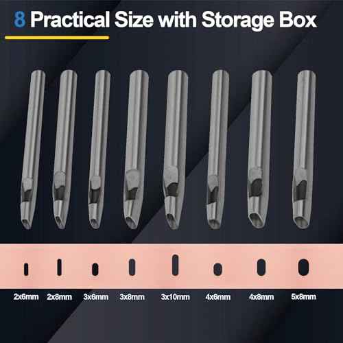 8 Size Oval Hole Punch for Leather 2mm-5mm, Boyistar Leather Craft Punch Tools Set Hollow Punching Oval Belt Hole Cutter Tool for Watch Band, Belt, with Storage Box