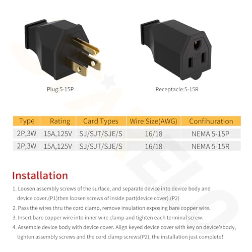 STARELO 10PCS NEMA 5-15P Electrical Replacement Plugs 125V 15A Male Extension Cord Ends