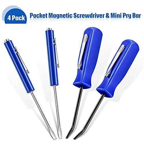 Zhehao 4 Pieces Pocket Screwdriver with Magnet Mini Slotted Head Magnetic Pocket Screwdriver with Mini Pry Bar Set Clips for Home Office Car Repair Tools Mechanics Electricians Technicians