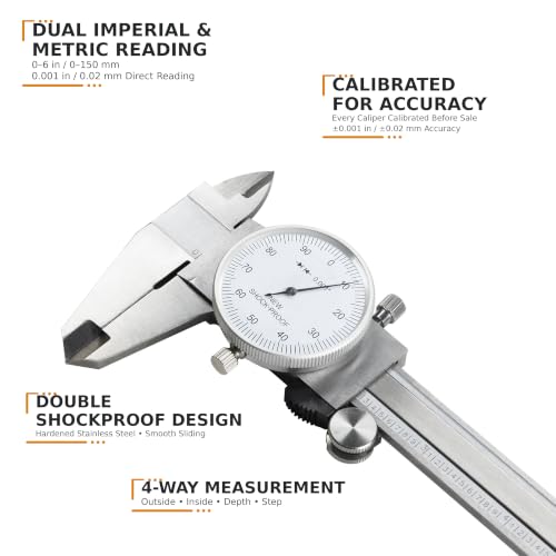 HFS 0-6 Inch Dial Caliper, 0.001 Accuracy, 4-Way Measuring