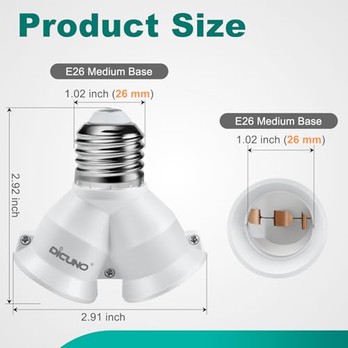 DiCUNO 2 in 1 E26 Socket Splitter Adapter - 2 Pack, Bulb Connector for All E26 Base Light Bulbs