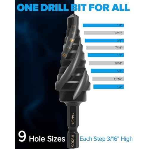 1/4-3/4 Inch Four Spiral Flute Step Drill Bit, M2 High Speed Steel 1/4" Hex Shank Step Drill Bit for Metal, Steel, Aluminum, Plastic Hole Drilling Cutting, 9 Step Size Step Bit