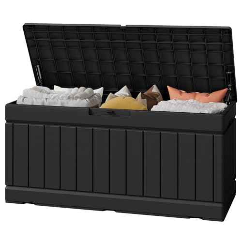 Greesum 82 Gallon Resin Deck Box Large Outdoor Storage for Patio Furniture, Garden Tools, Pool Supplies, Weatherproof and UV Resistant, Lockable, Black