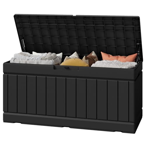 Greesum 82 Gallon Outdoor Storage Box with Lid - Waterproof, Lockable Patio Garden Bin (Black)