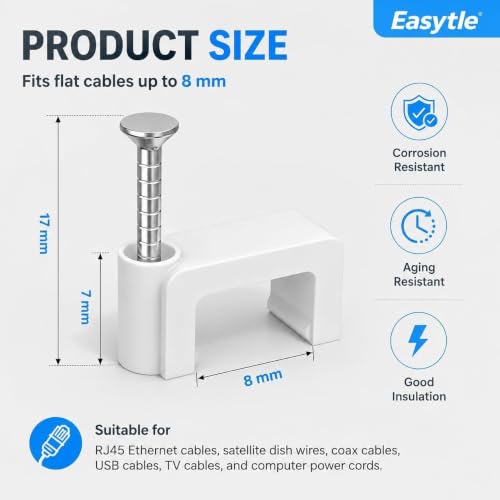 Easytle 100 Pcs Cable Clips Nail-In Flat Ethernet Cable Wall Tacks for Coax, Speaker & Power Cords
