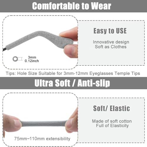 3 Pairs Extended Eye Glasses Ear Grippers, Upgrade Soft Knitting Cotton Arm Cushion for Glasses Behind Ear, Anti Slip Eye Glass Ear Grips, Non Slip Ear Pads, Eyeglasses Temple Tips for Pain (Black)